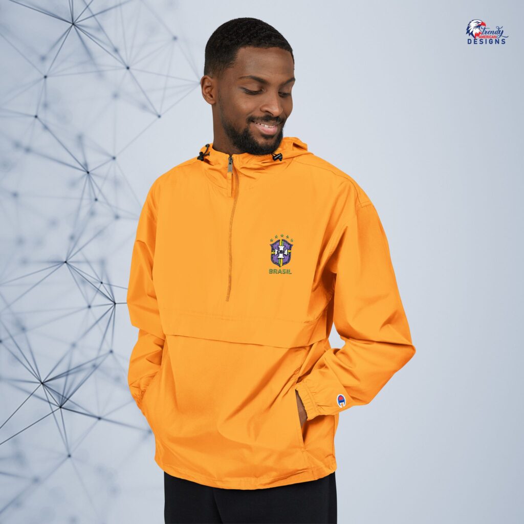 Packable Anorak Jacket — Yellow Hooded Windbreaker with Small Crest Brazil football fan
