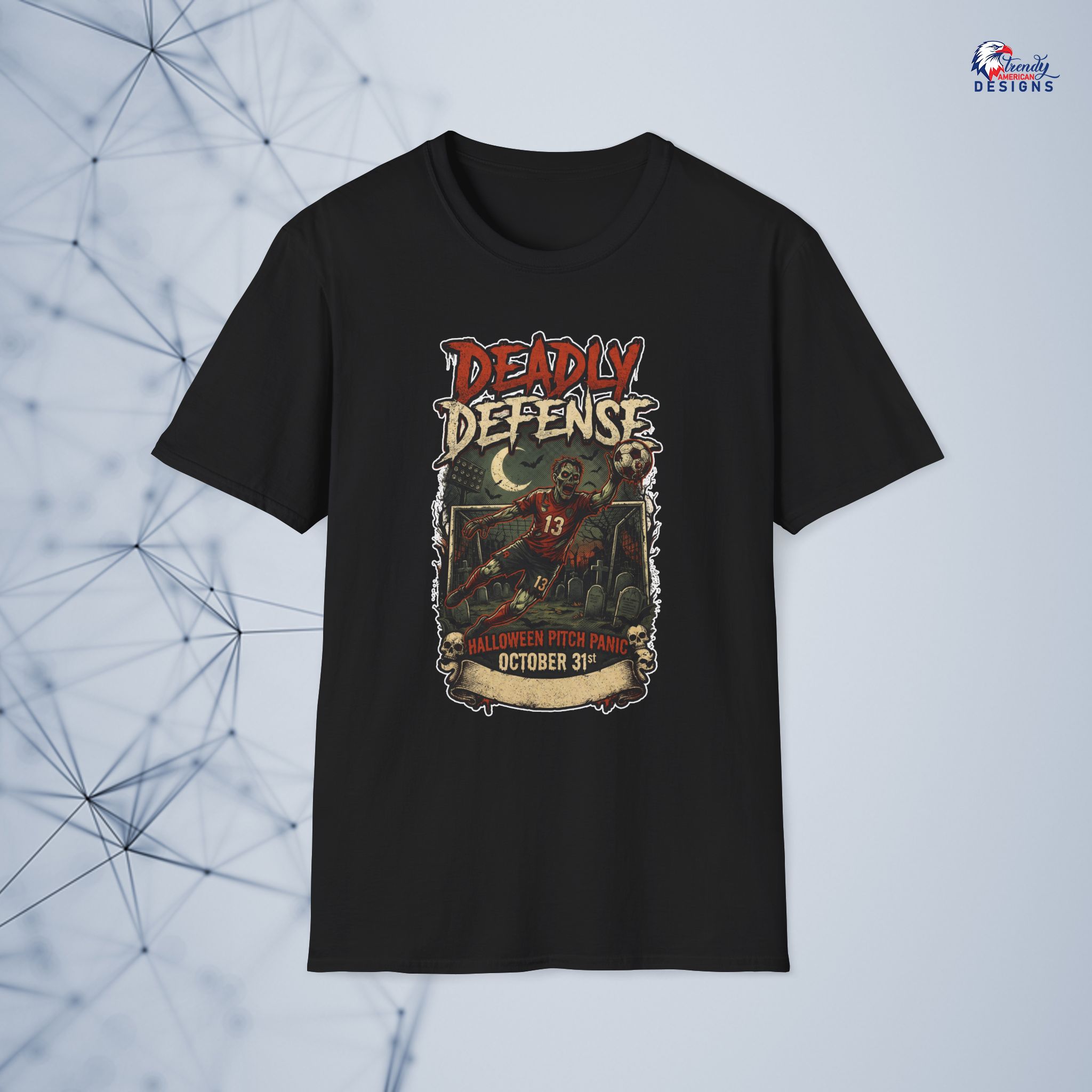 Deadly Defense Graphic Tee — Halloween Zombie Football Design